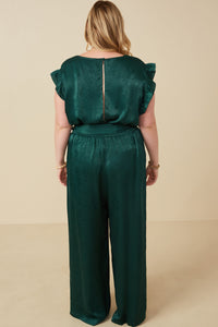 HY6583W Green Plus Ruffled Crushed Satin Wide Leg Jumpsuit Gif