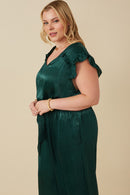 HY6583W Green Plus Ruffled Crushed Satin Wide Leg Jumpsuit Front