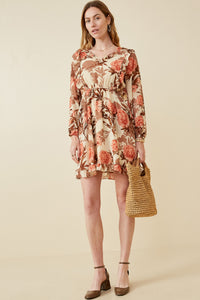 HY6588 TAUPE Womens Romantic Floral Ruffle Detailed Long Sleeve Dress Back