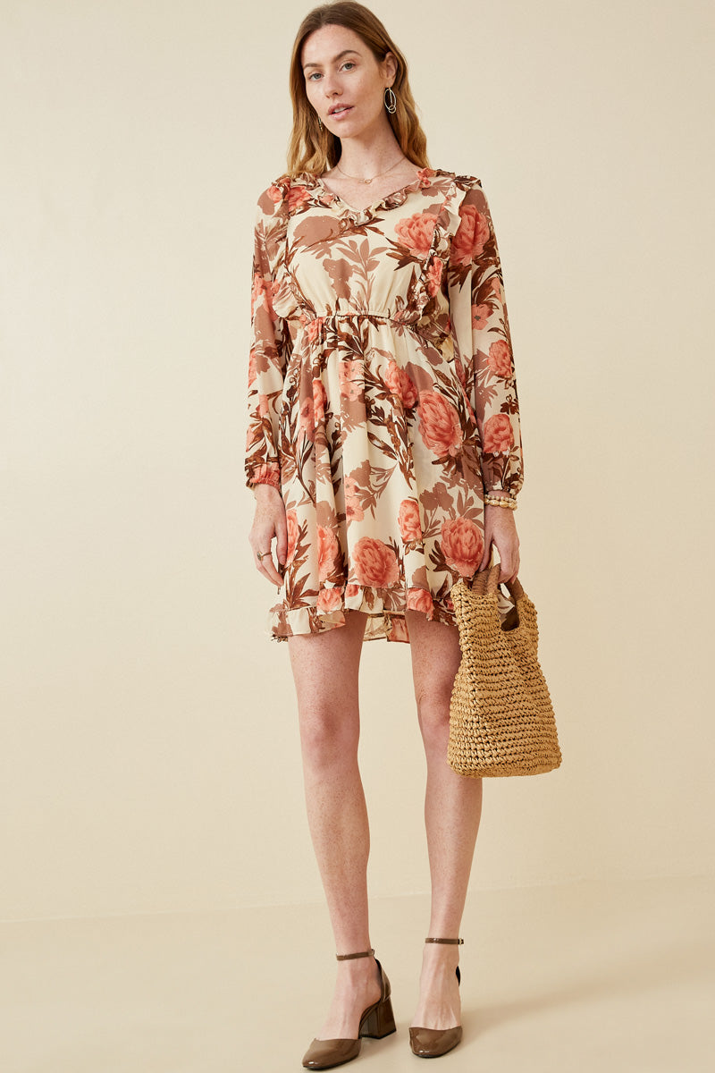 HY6588 TAUPE Womens Romantic Floral Ruffle Detailed Long Sleeve Dress Back