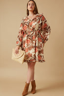 HY6588 TAUPE Womens Romantic Floral Ruffle Detailed Long Sleeve Dress Full Body