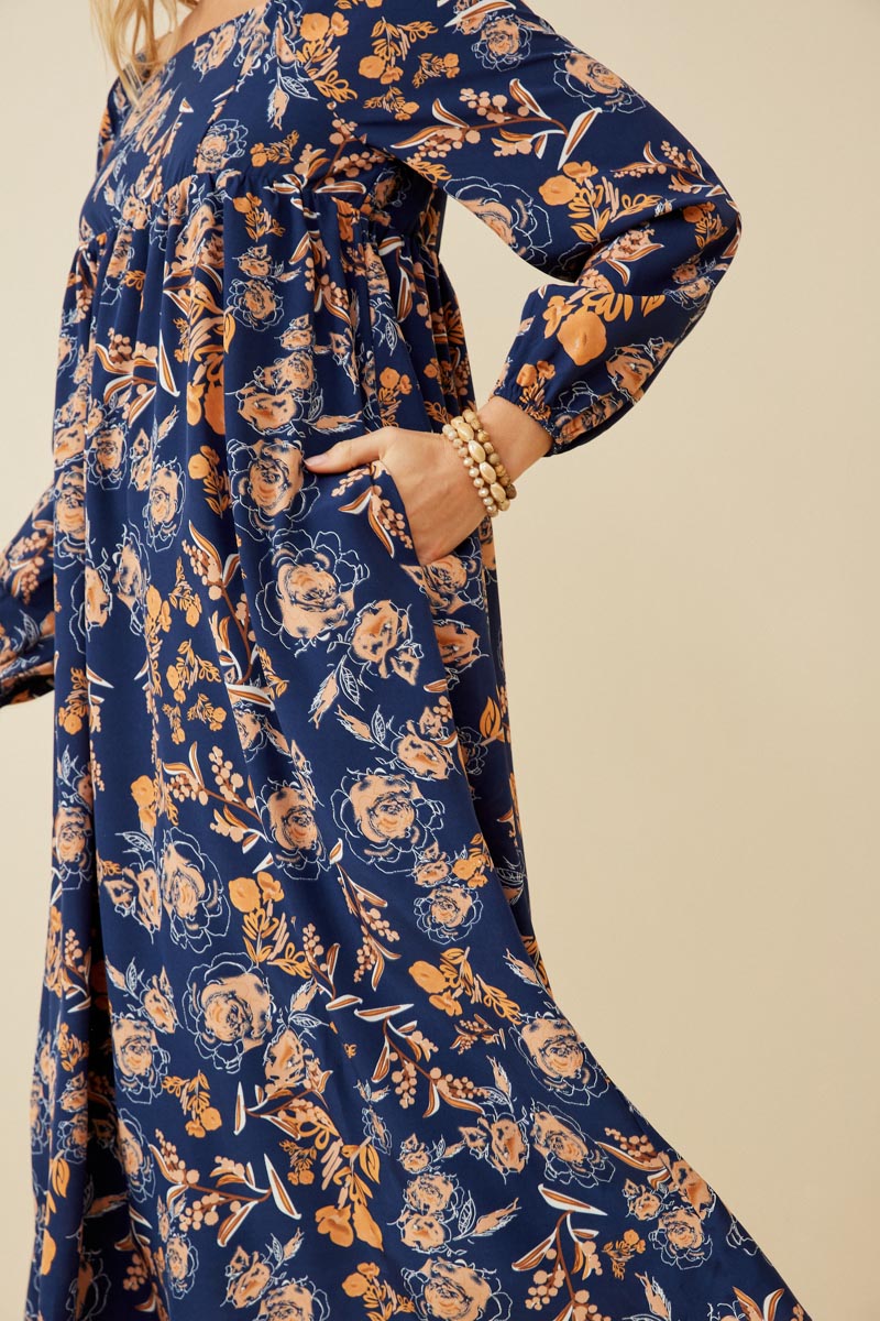 HY6589 NAVY Womens Romantic Floral Square Neck Midi Dress Side