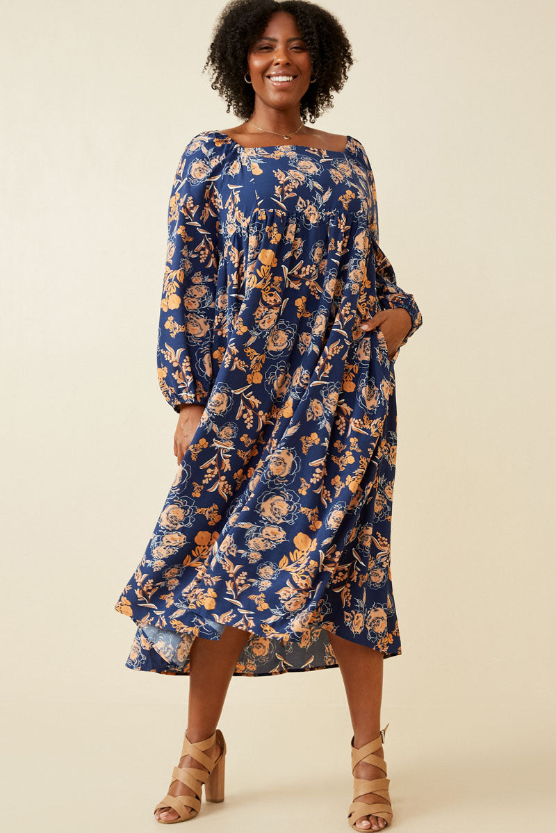 Womens Romantic Floral Square Neck Dress | Boho Inspired Inclusive Outfits Navy / 3XL Navy *Women's Dresses Casual Dresses Hayden Los Angeles Womens Romantic Floral Square Neck Dress | Boho Inspired Inclusive Outfits Navy / 3XL Navy *Women's Dresses Casual Dresses Hayden Los Angeles