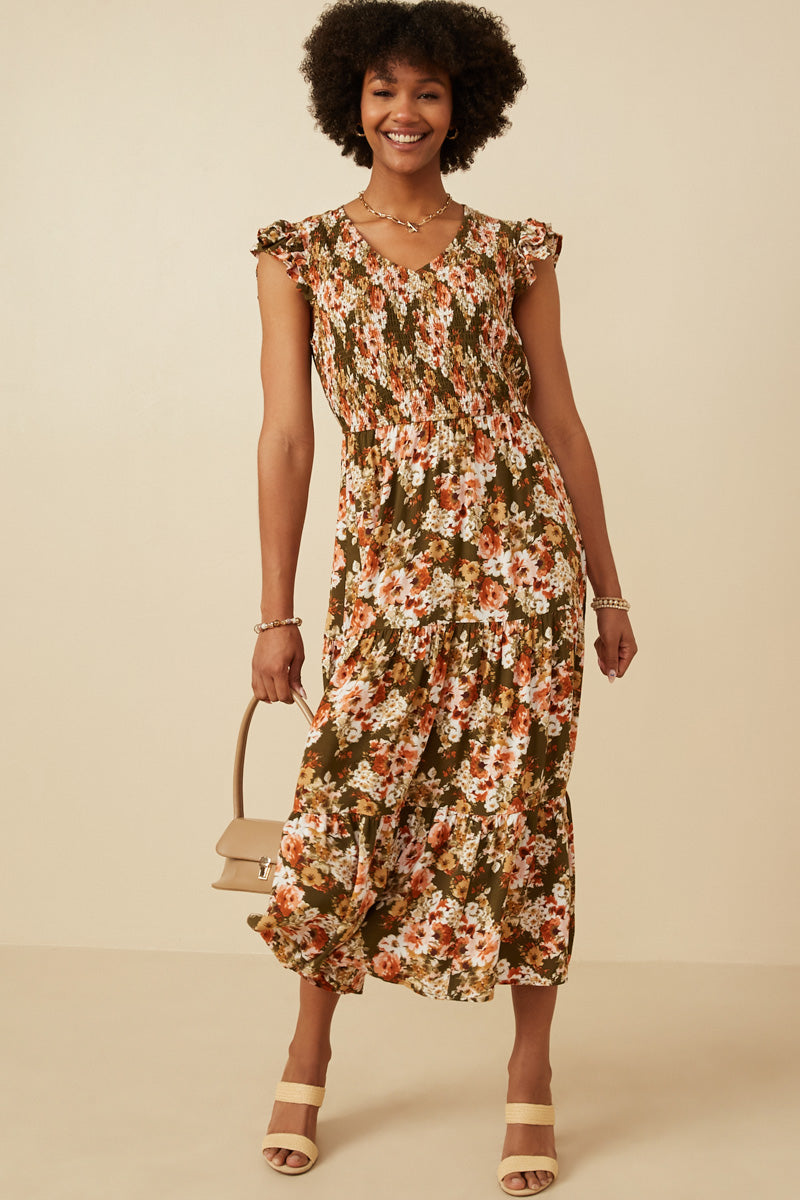 Floral Smocked V Neck Ruffled Tank Dress