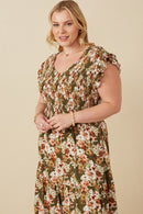 HY6591 Olive Womens Floral Smocked V Neck Ruffled Tank Dress Side