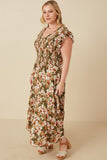 HY6591W Olive Plus Floral Smocked V Neck Ruffled Tank Dress Gif