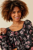 HY6592 BLACK Womens Floral Foliage Print Twist Front Peplum Top Side