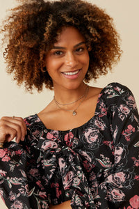 HY6592 BLACK Womens Floral Foliage Print Twist Front Peplum Top Side