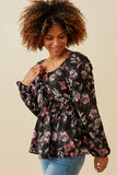 HY6592 BLACK Womens Floral Foliage Print Twist Front Peplum Top Back