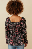 HY6592 BLACK Womens Floral Foliage Print Twist Front Peplum Top Full Body