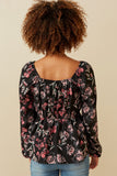 HY6592 BLACK Womens Floral Foliage Print Twist Front Peplum Top Full Body