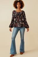 HY6592W BLACK Plus Floral Foliage Print Twist Front Peplum Top Front