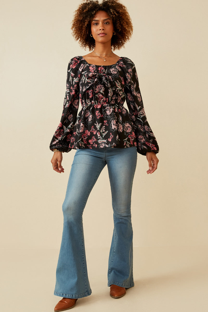 HY6592W BLACK Plus Floral Foliage Print Twist Front Peplum Top Front