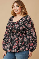HY6592W BLACK Plus Floral Foliage Print Twist Front Peplum Top Front