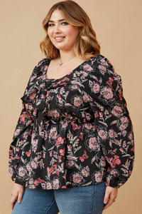 HY6592W BLACK Plus Floral Foliage Print Twist Front Peplum Top Front