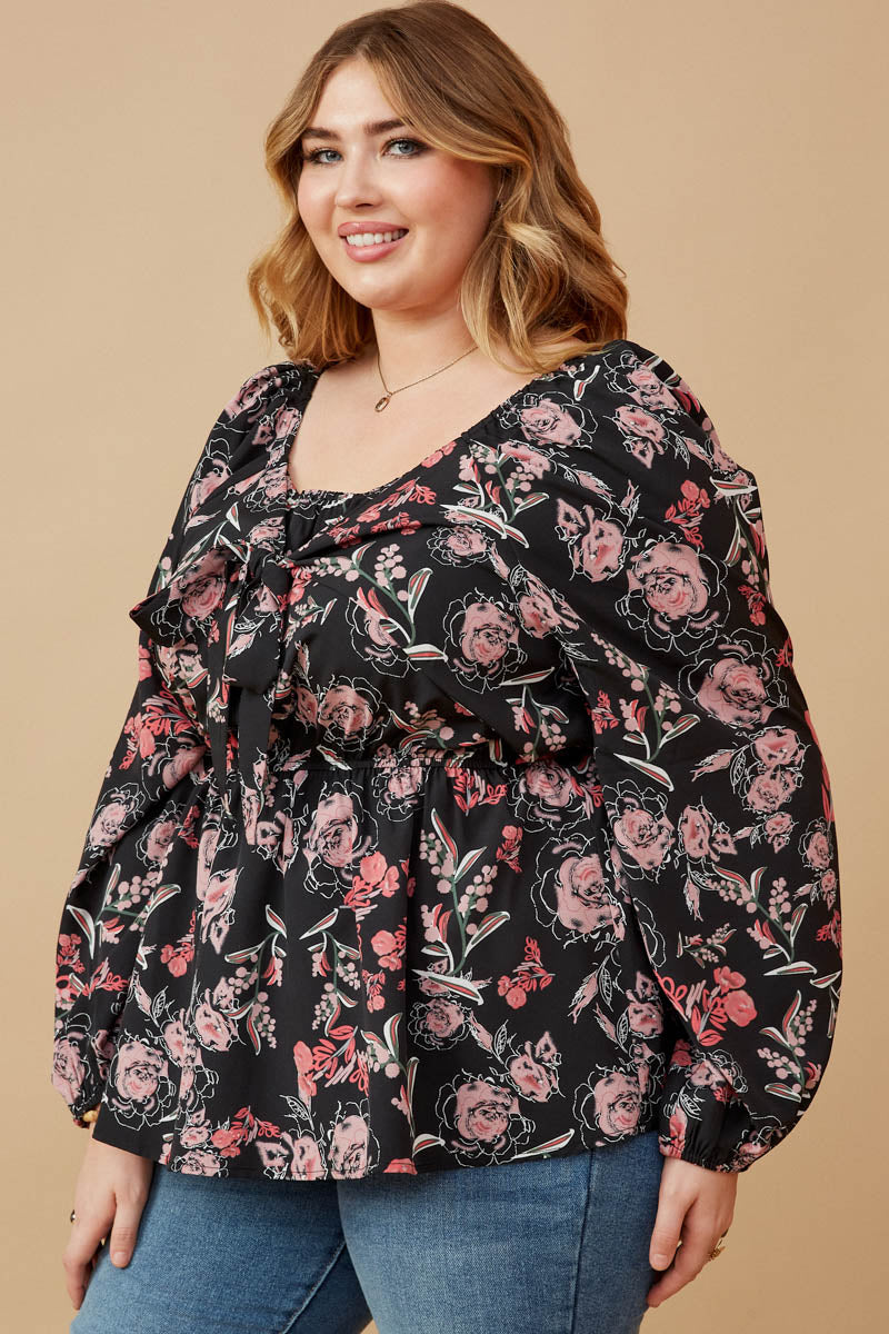 Floral Foliage Print Twist Front Peplum Top