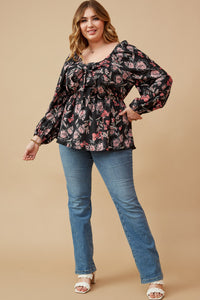 HY6592W BLACK Plus Floral Foliage Print Twist Front Peplum Top Gif