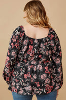 HY6592W BLACK Plus Floral Foliage Print Twist Front Peplum Top Detail