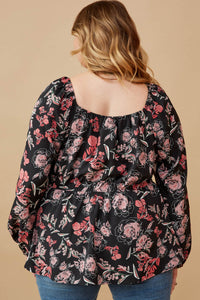 HY6592W BLACK Plus Floral Foliage Print Twist Front Peplum Top Detail