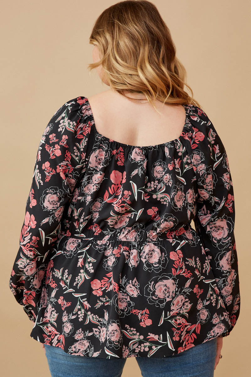 HY6592W BLACK Plus Floral Foliage Print Twist Front Peplum Top Detail
