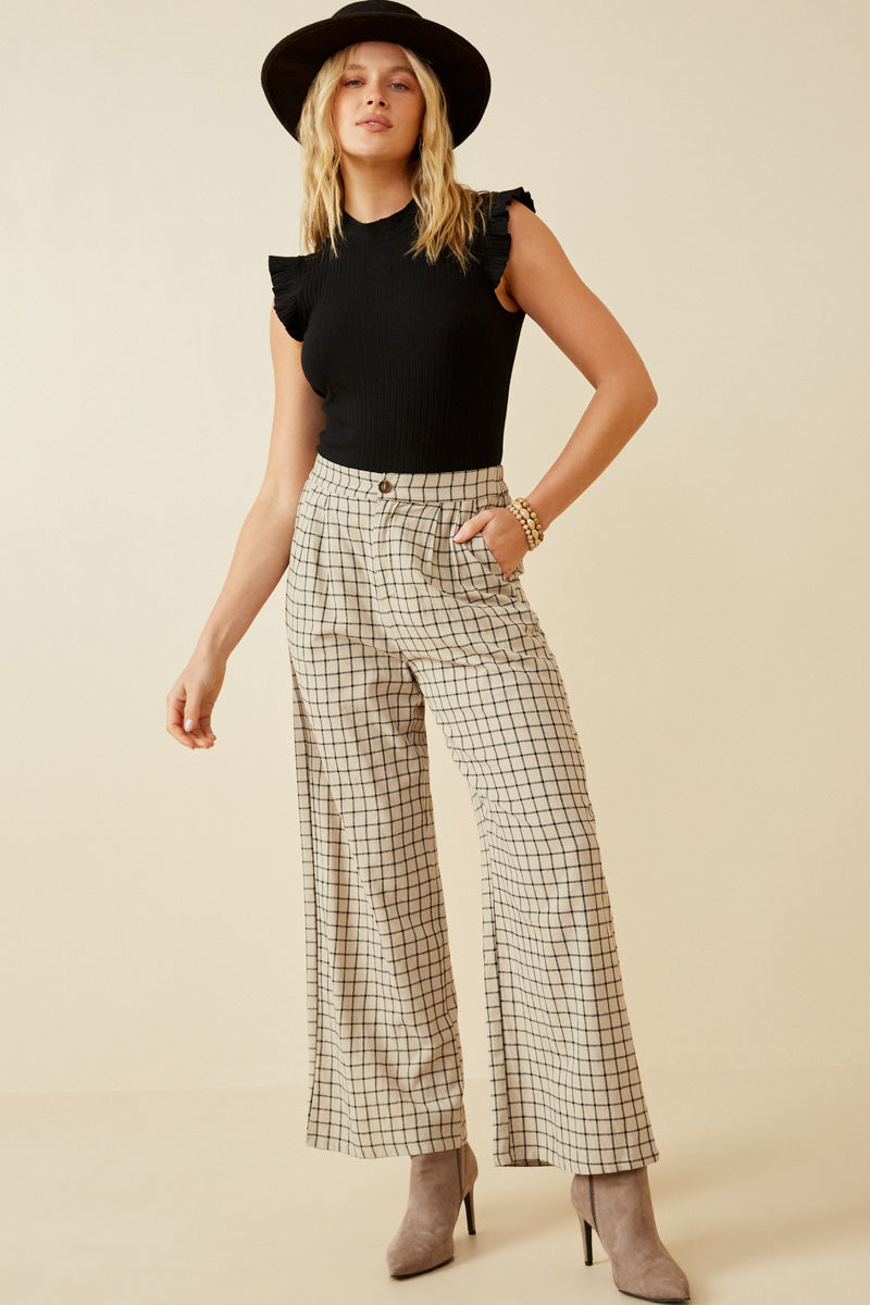 HY6593 TAUPE Womens Textured Wide Leg Checkered Pants Full Body