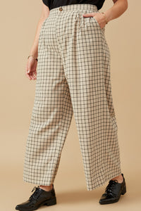 HY6593W Taupe Plus Textured Wide Leg Checkered Pants Detail
