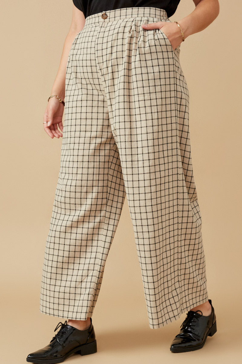 HY6593W Taupe Plus Textured Wide Leg Checkered Pants Detail