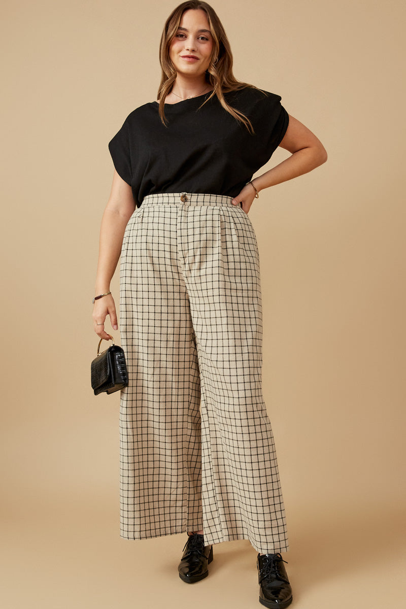 HY6593W Taupe Plus Textured Wide Leg Checkered Pants Back