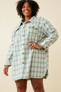 HY6594 Mint Womens Front Pocket Long Line Flannel Shirt Jacket Front