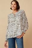 HY6597 GREY Womens Tie Front Smocked Detail Floral Top Front