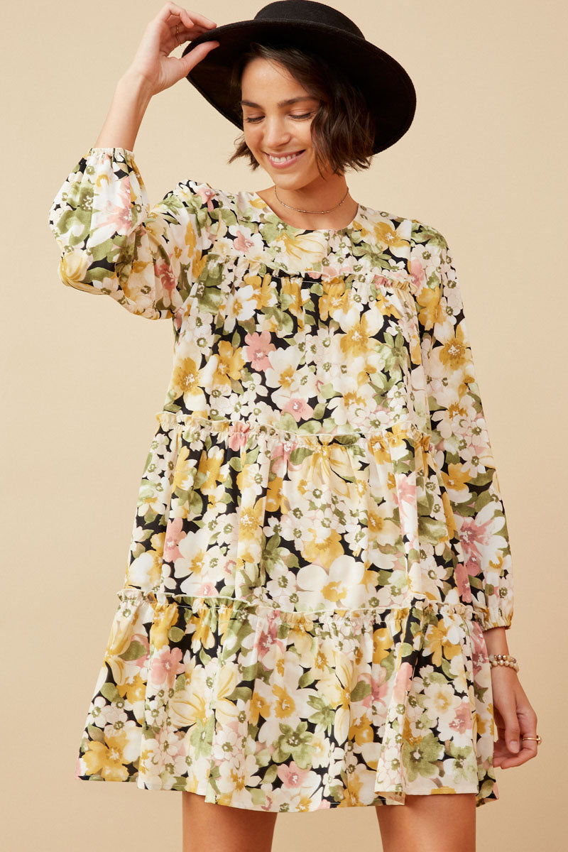 Floral Ribbon Detailed Long Sleeve Tiered Dress