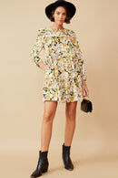 HY6607 BLACK Womens Floral Ribbon Detailed Long Sleeve Tiered Dress Back