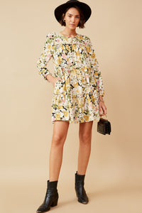 HY6607 BLACK Womens Floral Ribbon Detailed Long Sleeve Tiered Dress Back