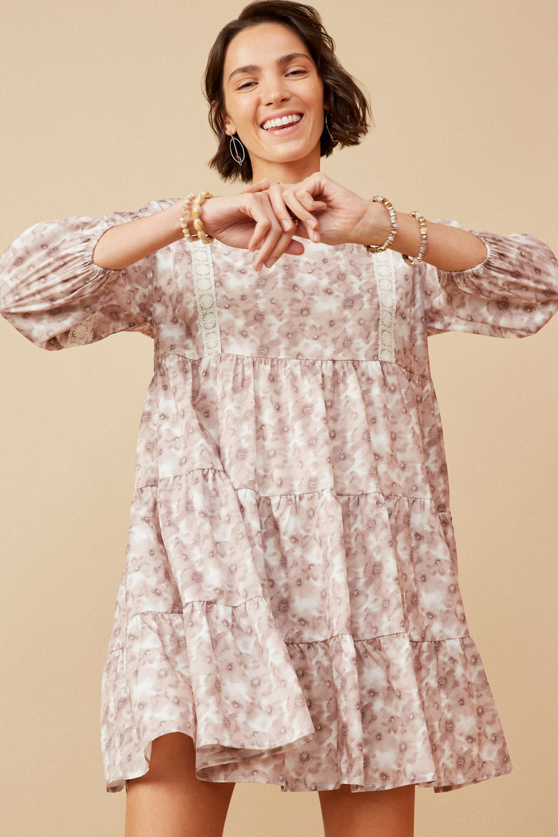 Lace Trimmed Floral Print Tiered Dress