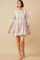 HY6616 TAUPE Womens Lace Trimmed Floral Print Tiered Dress Full Body