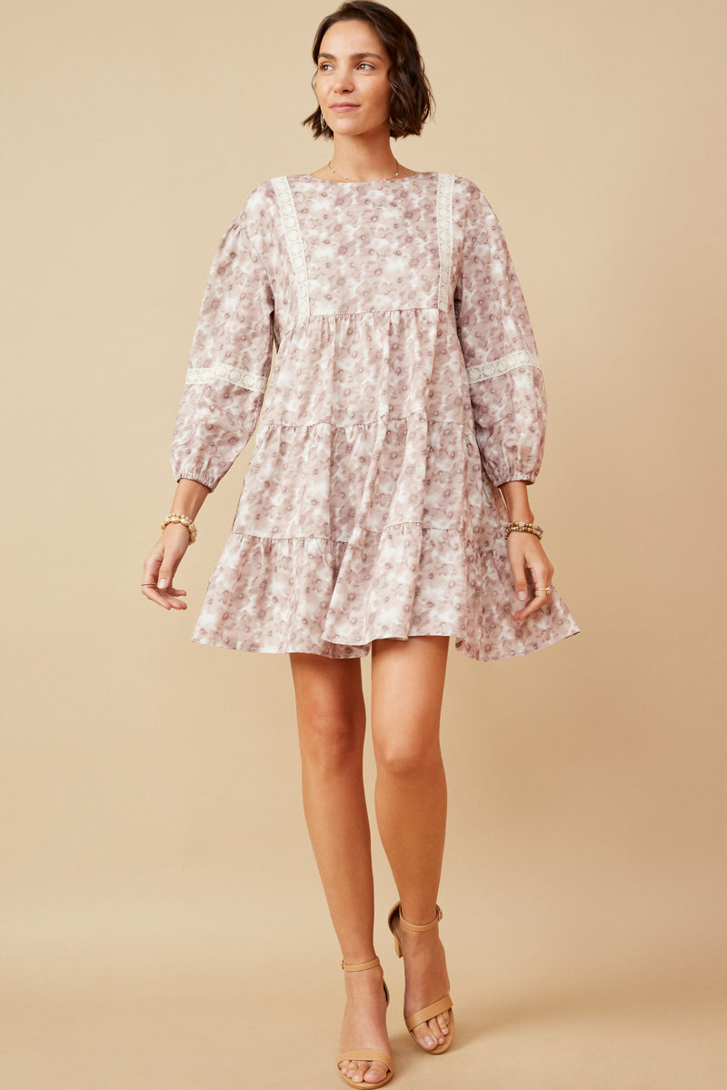 HY6616 TAUPE Womens Lace Trimmed Floral Print Tiered Dress Full Body