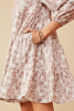 HY6616 TAUPE Womens Lace Trimmed Floral Print Tiered Dress Detail