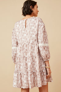 HY6616 TAUPE Womens Lace Trimmed Floral Print Tiered Dress Back
