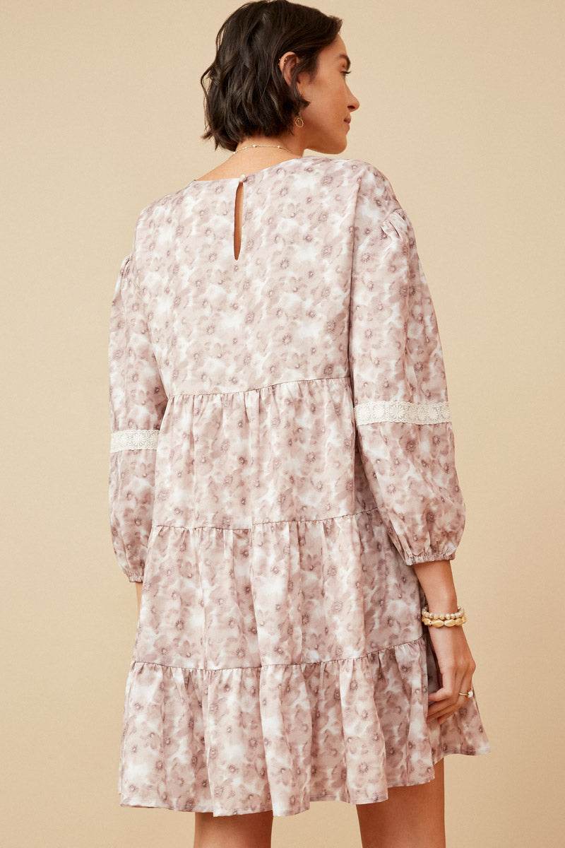 HY6616 TAUPE Womens Lace Trimmed Floral Print Tiered Dress Back