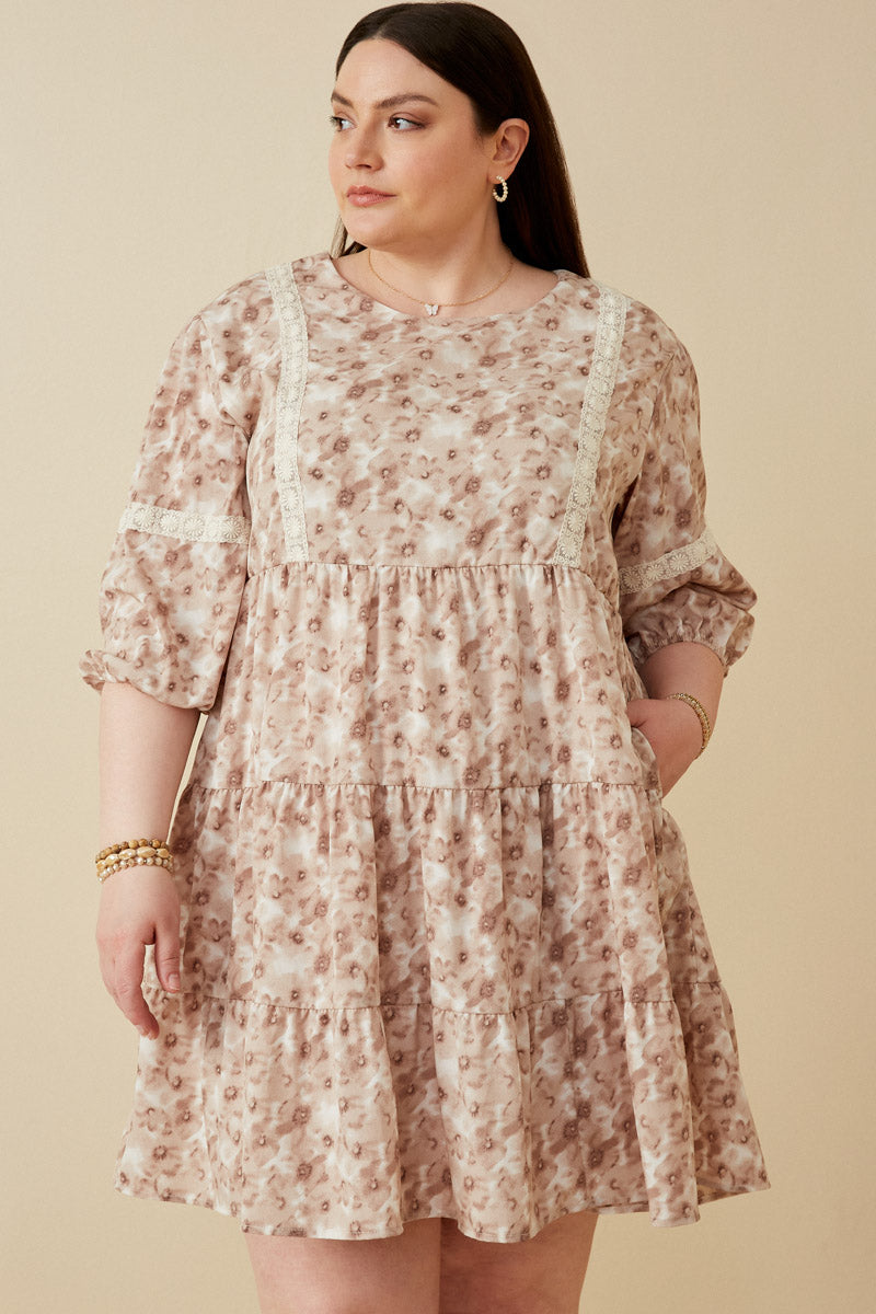Lace Trimmed Floral Print Tiered Dress
