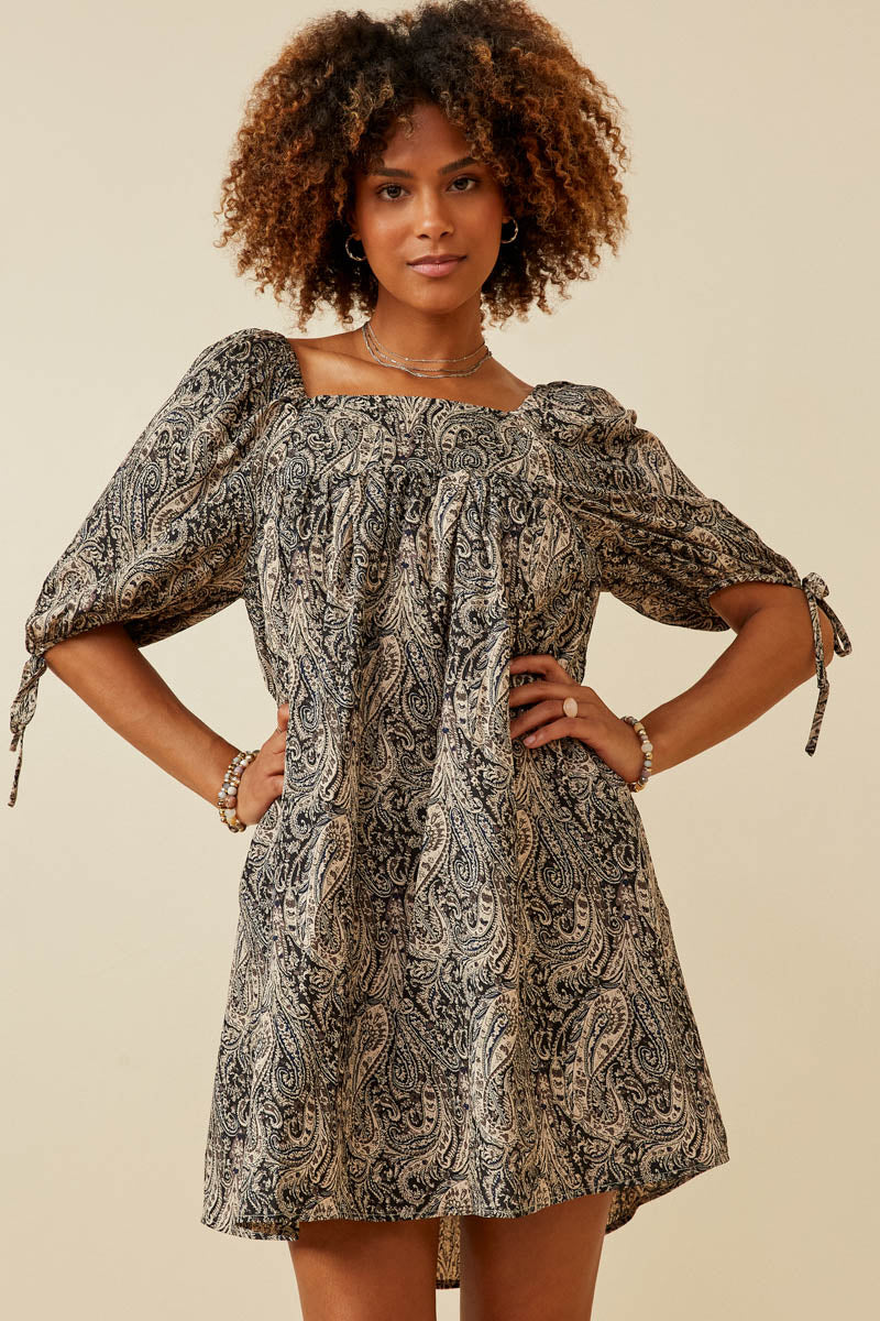 Paisley Print Tie Sleeve Square Neck Dress