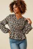 HY6630 BLACK Womens Ditsy Floral Surplice Long Sleeve Chiffon Peplum Front