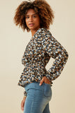 HY6630 Black Womens Ditsy Floral Surplice Long Sleeve Chiffon PeplumFull Body