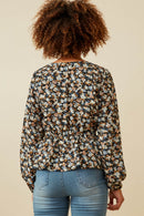 HY6630 Black Womens Ditsy Floral Surplice Long Sleeve Chiffon Peplum