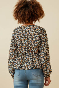 HY6630 Black Womens Ditsy Floral Surplice Long Sleeve Chiffon Peplum