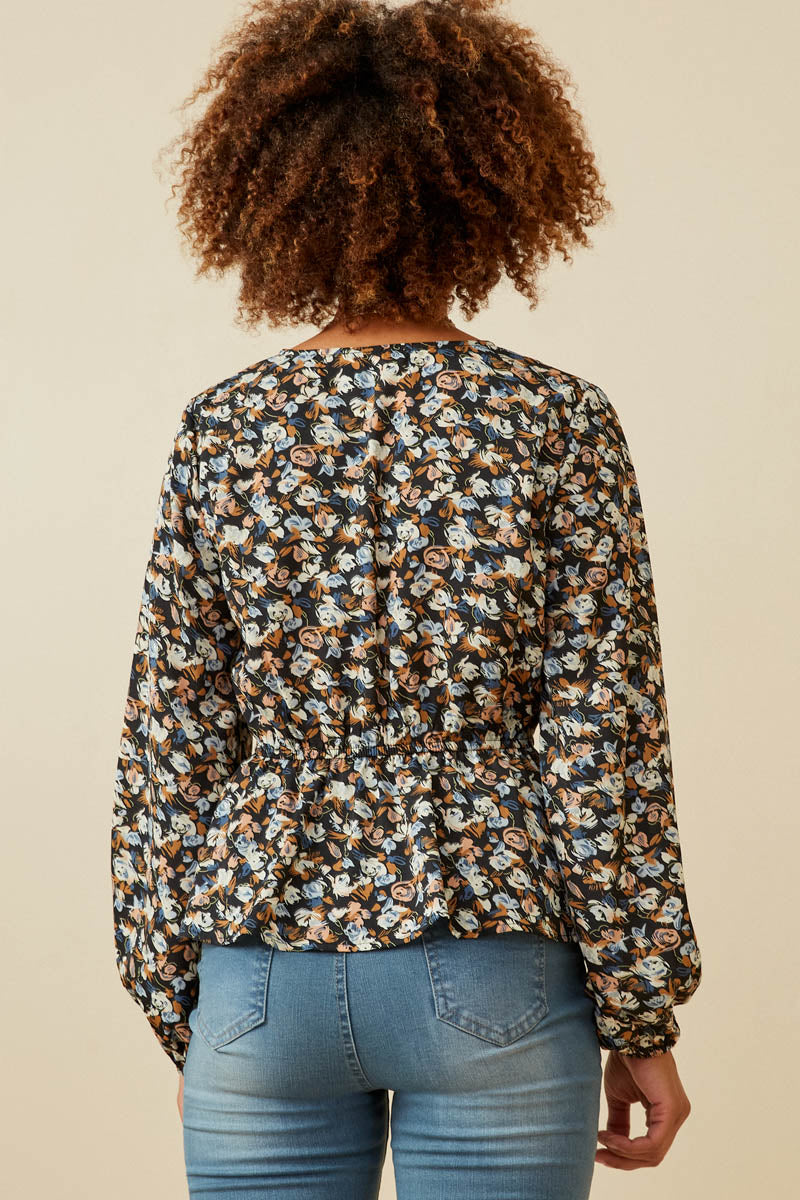 HY6630 Black Womens Ditsy Floral Surplice Long Sleeve Chiffon Peplum