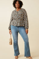 HY6630 BLACK Womens Ditsy Floral Surplice Long Sleeve Chiffon Peplum Full Body