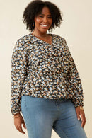 HY6630 BLACK Womens Ditsy Floral Surplice Long Sleeve Chiffon Peplum Side