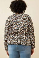 HY6630 BLACK Womens Ditsy Floral Surplice Long Sleeve Chiffon Peplum Back