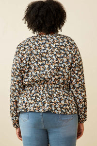 HY6630 BLACK Womens Ditsy Floral Surplice Long Sleeve Chiffon Peplum Back